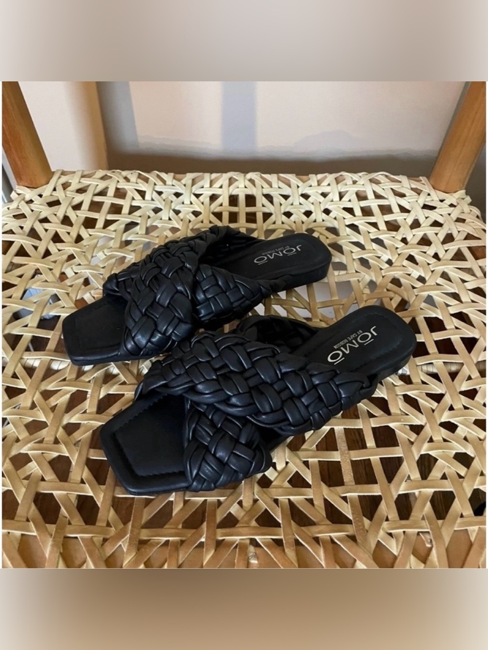 Jomo black strappy braided slip on sandals size 8